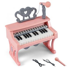 Piano pour Enfants 25 Touches Portable COSTWAY-MicrophonePupitre-Pieds D&eacute;tachables-Double Alimentation-en ABS sans BPA-3 Ans-Rose