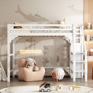 Lit  enfant 140x200 avec escaliers et sommier à lattes Lit Surélevé 2 places avec espace de rangement et armoire blanc