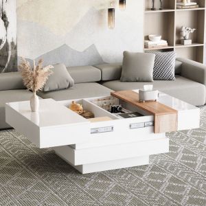 Table basse 70&times;70&times;39 cm - REDOM - avec plateau en finition laqu&eacute;e et rangement pratique - en panneau de particules blanc