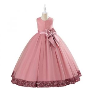 Robe de Princesse C&eacute;r&eacute;monie Fille Longue Paillette Sans Manches Robe Mariage Tulle Avec Ceinture Noeud Papillon - Rose