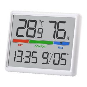 Thermom&egrave;tre hygrom&egrave;tre num&eacute;rique eleBite &Eacute;cran LCD Horloge calendrier Format 12/24h Design magn&eacute;tique ou support Int&eacute;rieur
