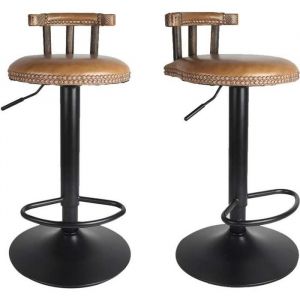 UNHO Lot de 2 Tabouret de Bar Industriel R&eacute;glable en Hauteur de 60-80cm avec Dossier Si&egrave;ge de Bar en Bois et Metal Marron clair