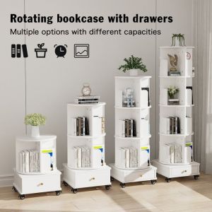 Haut 147cm Biblioth&egrave;que rotative &agrave; 360&deg; avec tiroir pour salon chambre bureau Etag&egrave;re de rangement tournante avec roulettes