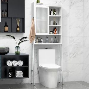 COSTWAY Meuble WC Au-dessus de Toilettes avec Porte Vitrée Coulissante Cadre en Métal Étagères Réglables 63 x 29 x 170 cm Blanc
