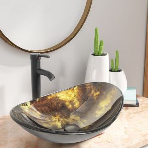 Lavabo Vasque à Poser avec Robinetterie Lave-Mains Évier pour Salle de Bain Ovale Jaune