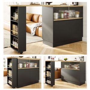 Buffet salle a manger 360° (corps 90 x 45 x 100 cm) buffet pivotant avec étagères et long verre irisé noir