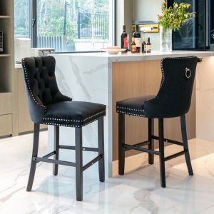 Chaise capitonn&eacute; de salle &agrave; manger design avec pieds en boistabouret de barvelours lot de 2 (noir)