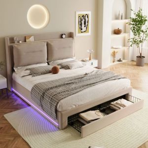 Lit divan rembourr&eacute; beige 140 x 190 cm avec &eacute;clairage LED O.Ye dot&eacute; dun tiroir de rangement 2 en 1 au pied du lit.