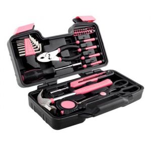 Kit doutils rose de 39 pièces - Ensemble doutils à main pour femmes avec pochette ronde facile à transporter - Outils de finition
