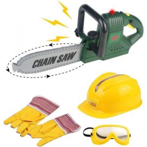 Jouet dimitation - AMOUNE - Tronçonneuse Enfant - Casque de Chantier - Lunettes - Gants