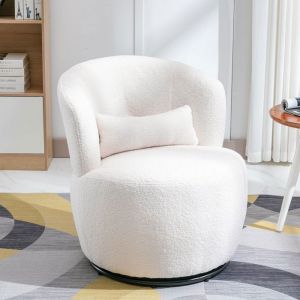 Chaise tournante en peluche blanche avec coussin de taille - 100 kg avec pied en m&eacute;tal rotatif