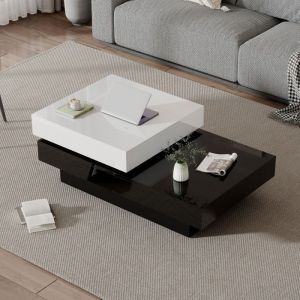 MEUBLIV Table basse pivotante &agrave; 2 niveaux finition laqu&eacute;e haute brillance 103&times;60&times;355 cm panneau de particules blanc et noir