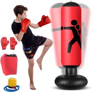 Sac de frappe gonflable pour enfant de 160 cm debout - Sac de frappe gonflable sur pied avec gants de boxe - Colonne de boxe