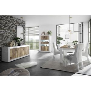 OTELLO - Ensemble S&eacute;jour avec Buffet 4 Portes Blanc Laqu&eacute; et Aspect Bois Antik