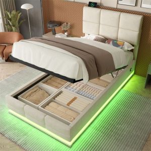Lit Coffre 90x200 en Velours avec Sommier et Rangement Lit 1 Place Adulte Ado Ports USB-C Lit Simple T&ecirc;te de Lit R&eacute;glable Beige
