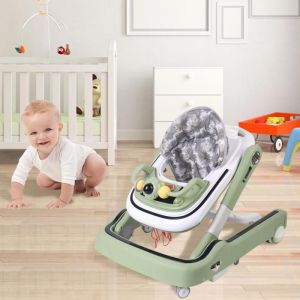 Trotteur bébé 2 en 1 aide à la marche coussin de siège respirant avec panier de basket et pare-soleil vert 65*58*90cm.