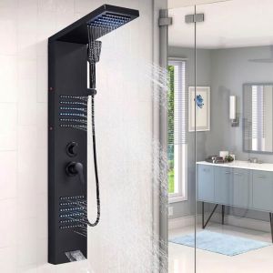 Colonne de Douche Noir LED en Acier Inox Multifonction Colonne de Douche Hydromassante avec Mitigeur et Buses Massants