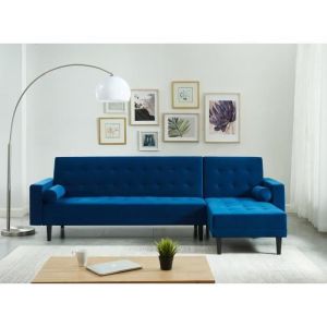 DAVENPORT Canap&eacute; dangle convertible LUXURY 5 places velours bleu pieds bois