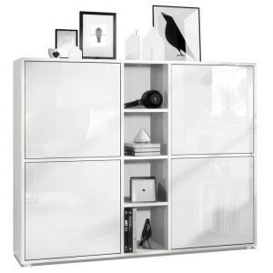 Buffet haut Cuba V3 avec 12 compartiments caisson en blanc mat - Façades en Blanc laqué haute brillance