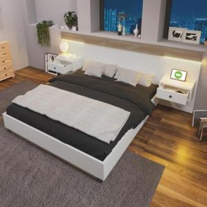 Lit 160x200 cm adulte Lit double avec 2 chevets LED prise USB Lit en bois Ch&ecirc;ne-blanc