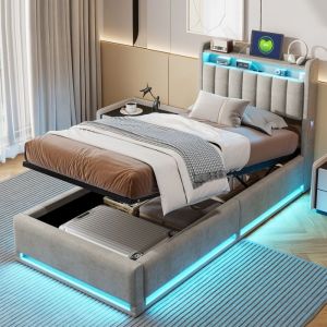 Lit 1 place 90x200 Lit coffre avec sommier et rangement T&ecirc;te de lit avec rangement Lit capitonn&eacute; velours Adulte/Ado/Enfant