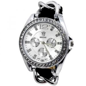 MONTRE FEMME CUIR ACIER ARGENT NOIR BLANC FINE BIJOUX STRASS FASHION ID&Eacute;E CADEAU