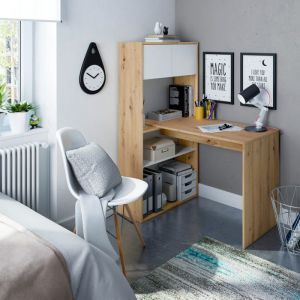 Bureau réversible avec étagères - Coloris blanc et chêne - BU81005 - Bois naturel - Terre de Nuit