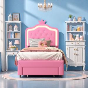 Lit Enfant avec Rangement &ndash; Lit 90x200 avec Sommier &ndash; Lit Fille &ndash; Lit Une Place &ndash; LED &ndash; 1 Tiroir &ndash; Tissu en Similicuir &ndash; Rose