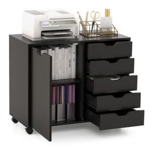 Classeur de Bureau COSTWAY-5 tiroirs et 1 Compartiment de Stockage-Bureau en Bois-&Eacute;tag&egrave;re R&eacute;glable-5 Roulettes-78 x 40 x 65 cm-Noir