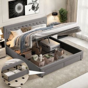 Lit coffre 160x200 cm avec sommier à lattes Lit 160x200 cm avec 2 tiroir Lit adulte 160x200 cm Rangement Tissu en velours Gris