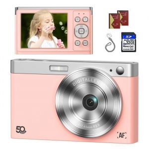 Appareil Photo Num&eacute;rique Compact 1080P 50MP Campark Cam&eacute;ra 2.8LCD Rechargeables avec Carte SD 32 GB (Rose)