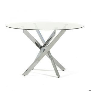 Table ronde dintérieur Kasper 120 cm avec plateau en verre trempé et pieds en métal (Transparent Argent )