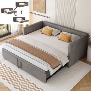 Lit gigogne 90/180x200 cm 2 places Canapé-lit extensible avec sommier à lattes tissu velours doux pour la peau gris
