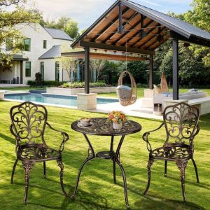 Ensemble bistro dext&eacute;rieur 3 pi&egrave;ces  avec trou pour parasol table et 2 chaises en aluminium moul&eacute; pour jardin balcon bronze