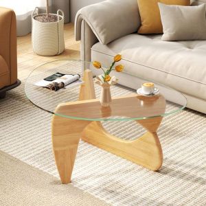 GOPLUS Table Basse Irrégulière avec Base Pivotante en Bois de Caoutchouc et Plateau en Verre Trempé-82x57x395CMCharge 60KG