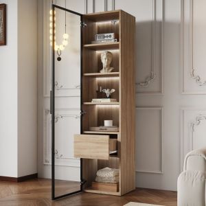 Armoire de salle de bains moyenne avec bandeau lumineux largeur 40 cm avec 1 grand tiroir et 1 porte porte vitr&eacute;e