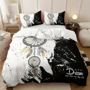 Parure de lit - MOUTON MAISON DECO - Attrape-r&ecirc;ves au fond de noir et blanc - Blanc noir jaune - Microfibre - 150*200cm