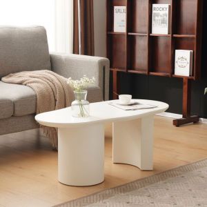 Table basse irr&eacute;guli&egrave;re blanche robuste de 100 cm de long MDF de haute qualit&eacute; laqu&eacute; toucher d&eacute;licat plateau incurv&eacute; irr&eacute;gulie