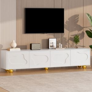 Meuble TV avec 4 portes Armoire de t&eacute;l&eacute;vision en forme de nuage Meuble TV moderne 180x40x45cm Pour salon Jusqu&agrave; 60 kg Blanc