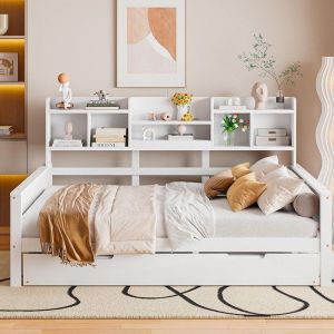 Lit extensible 140x200 cm+90x190 cm Canapé-lit avec compartiment de rangement et sommier à lattes pin Lit multifonction Blanc