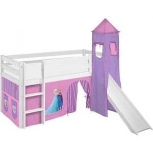 Lit surélevé avec rideaux tour et toboggan - LILOKIDS - JELLE - Frozen lilas - Bois massif - 90x190cm