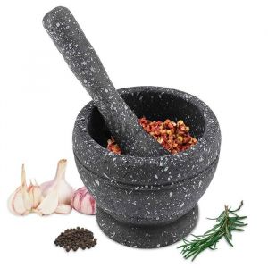 ®RisingFF Pilon et mortier en granit pour ail ustensiles de cuisine assaisonnements épices (granulés de granit noir)