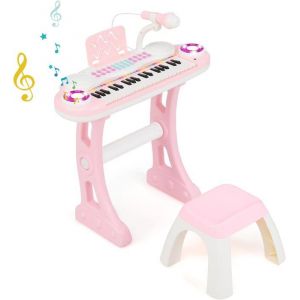 DREAMADE Piano &Eacute;lectronique Enfant &agrave; 37 Touches Clavier avec Pieds de Table Amovible Tabouret Rose