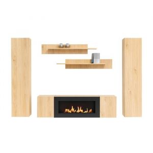 Composition murale FLY &ndash; Ch&ecirc;ne clair &ndash; Meuble TV vitrines &eacute;tag&egrave;res &ndash; Chemin&eacute;e bio-&eacute;thanol int&eacute;gr&eacute;e