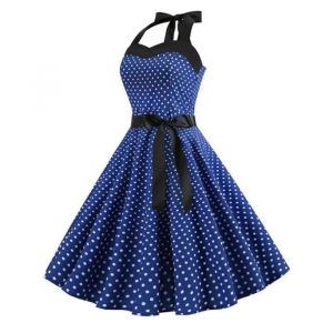 Robe dété à pois rétro blanche col licou Vintage Pin Up Rockabilly - Junxi Wan - Bleu - Longueur genou