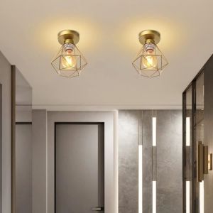 2PCS Plafonnier Industriel E27 Lustre Suspension Luminaire Vintage Design Métal Cage Ø16cm Doré pour Couloir Salon
