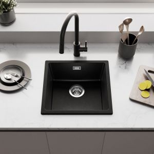 Évier 1 Bac 45x44x20CM Évier de Cuisine Noir en Granit avec Ensemble de Drainage Évier sous plan pour Armoire de 45 cm