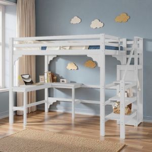 O.Ye Lit mezzanine 140*200 cm ZUBALIYA - avec bureau en L armoire ouverte escalier s&eacute;curis&eacute; pour le rangement bois LIT MEZZANINE