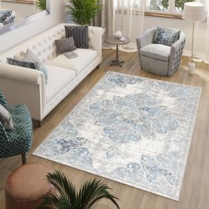 TAPISO Tapis Salon Poils Ras Valley Bleu Gris Crème Floral Polyester Intérieur 300x400 cm
