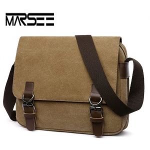 Sac Besace Homme MARSEE Rétro - Toile Marron - Bandoulière Réglable - Grande Capacité - 30x27x12cm